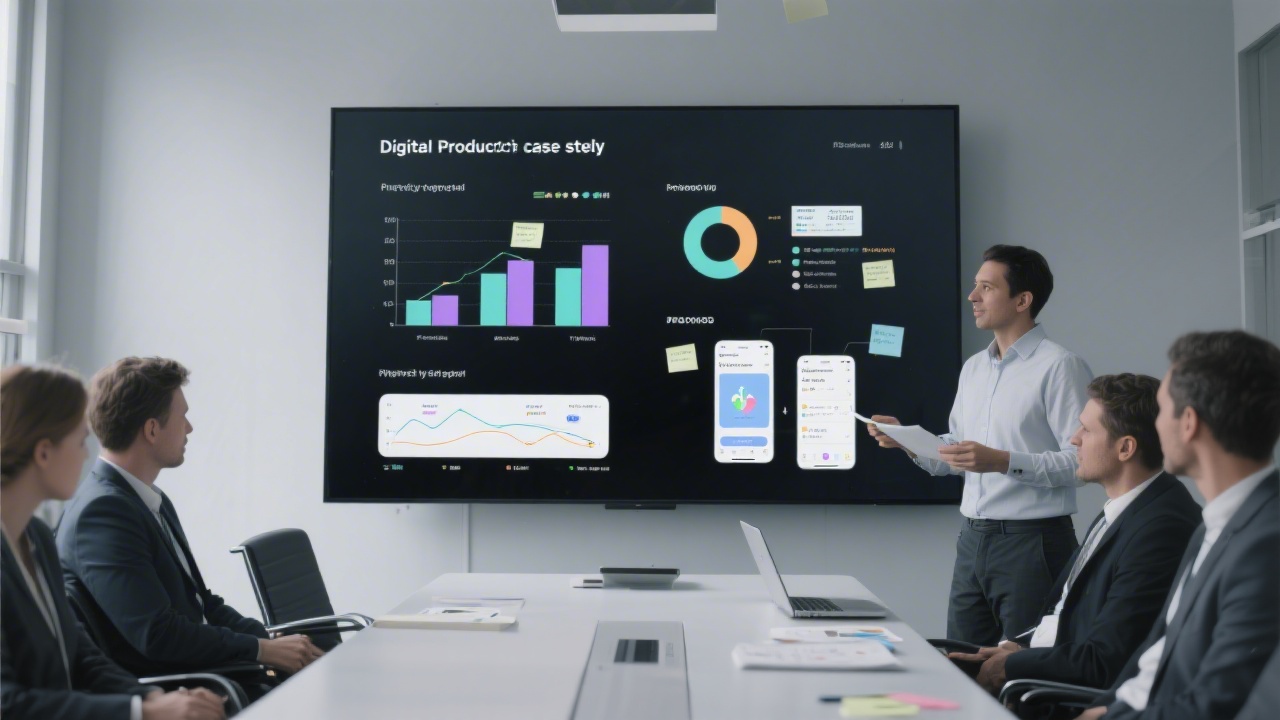 Presentation of a digital product case study with charts, prototype screens, and notes on a large display in a sleek meeting room.